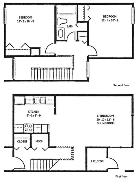 A floor plan of a two-story house with two bedrooms, a kitchen, a living room, a dining room, a closet, a mech, and an external storeroom.